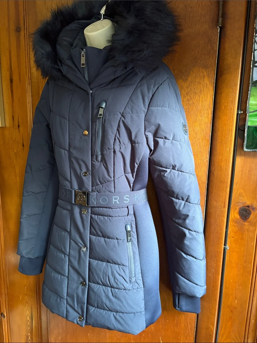 Michael Kors Navy Quilted Hooded Puffer Coat with Fur Trim size L preowned